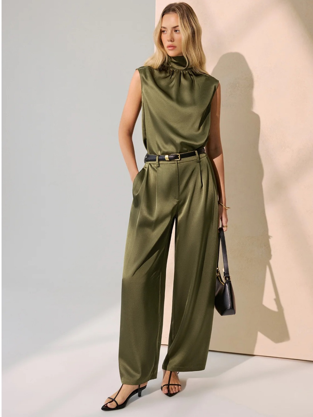 Commense Satin Sleeveless Top & Wide-Leg Pants Set with Tie Size XS NWT